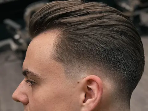 Zaczesana fryzura z fade — profil — Boske Barber Rzeszów