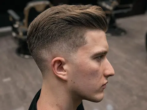 Zaczesana fryzura z fade — widok z boku — Boske Barber Rzeszów
